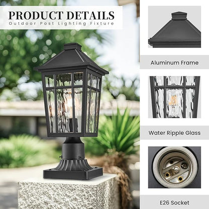 Outdoor Light Post Black Outdoor Post Light Fixtures Waterproof Aluminum Pillar Lights Outdoor 13.6 Inch Height 2-Pack