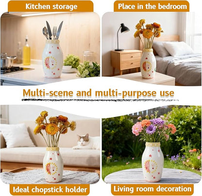 Cute Boho Small Cream Ceramic Bud Vase, Sun and Moon Round Decorative Vase for Dried Flowers/Single Rose/Pampas Grass, Modern Table Vase for Entryway Dining Coffee Table, Unique Home Gift