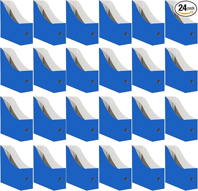 Limitliho 24 Pack Cardboard Magazine File Holder for Desktop ，Blue Book Bins for Classroom Library, Office or Home, Vertical Paper Boxes for Storage with Label(10.6" H x 10.2" L x 3.5" W in)