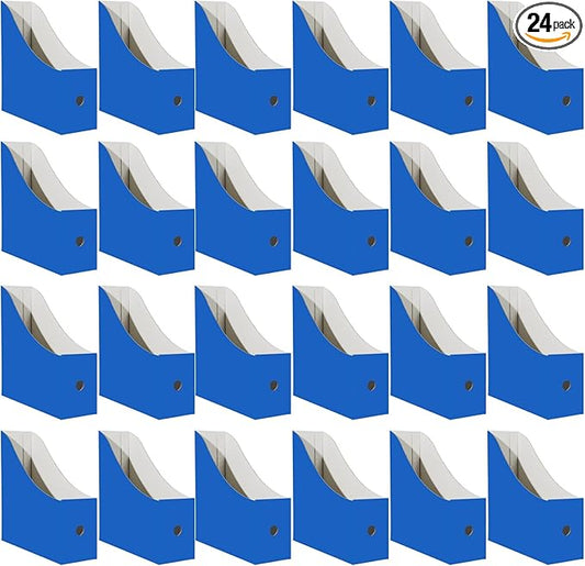 Limitliho 24 Pack Cardboard Magazine File Holder for Desktop ，Blue Book Bins for Classroom Library, Office or Home, Vertical Paper Boxes for Storage with Label(10.6" H x 10.2" L x 3.5" W in)