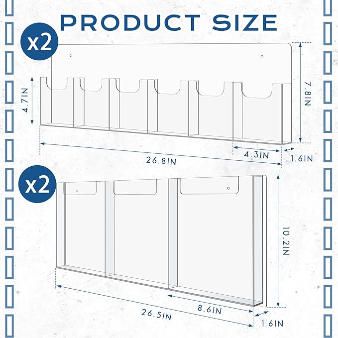 Sherr 4 Pcs Acrylic Brochure Pamphlet Holder Wall Mount 2 Sizes 9 Pocket Fits for 8.5" x 11" and 4" x 9" Brochure Magazine Holder Literature Multi Slot Wall Mount Combo Display Clear Flyer