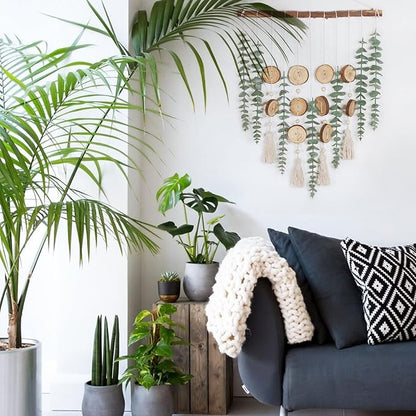 Artificial Eucalyptus Wall Hanging Decor - Fake Eucalyptus Greenery Leaves Stems Wall Hanging Plants with Wooden Stick Boho Rustic Farmhouse Decor for Bathroom Bedroom Office Living Room