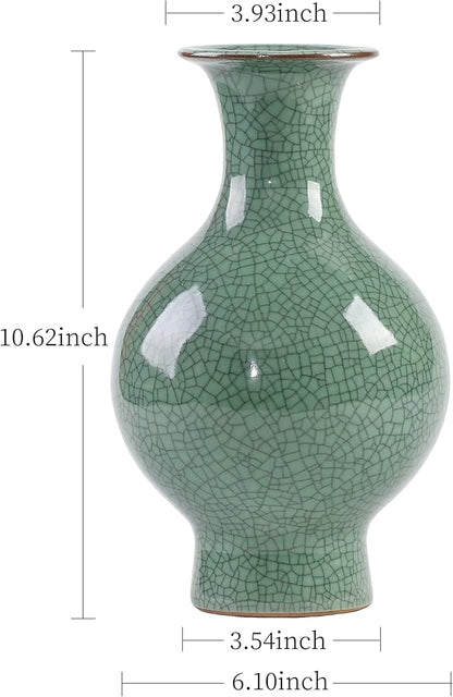 11.2Inches Chinese Ceramic Art Handmade Antique ice Crack Glaze Chinese vases Big China Porcelain Flower Bottle Green Vase for Flowers Home Decoration
