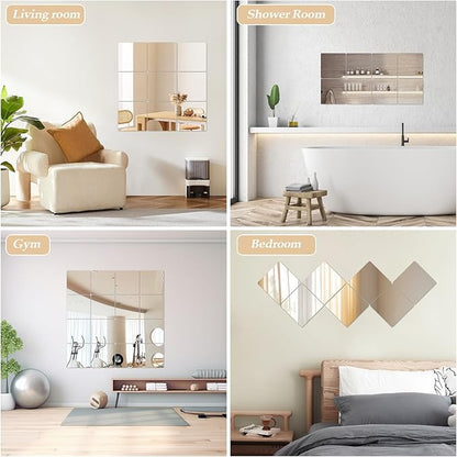 Abyssaly 4 Pack Acrylic Mirror Tiles, Stick on Mirrors for Wall, Flexible Plastic Mirror Sheets Wall Stickers Small Espejos for Bedroom Home Gym Door, 7.87" x 7.87"