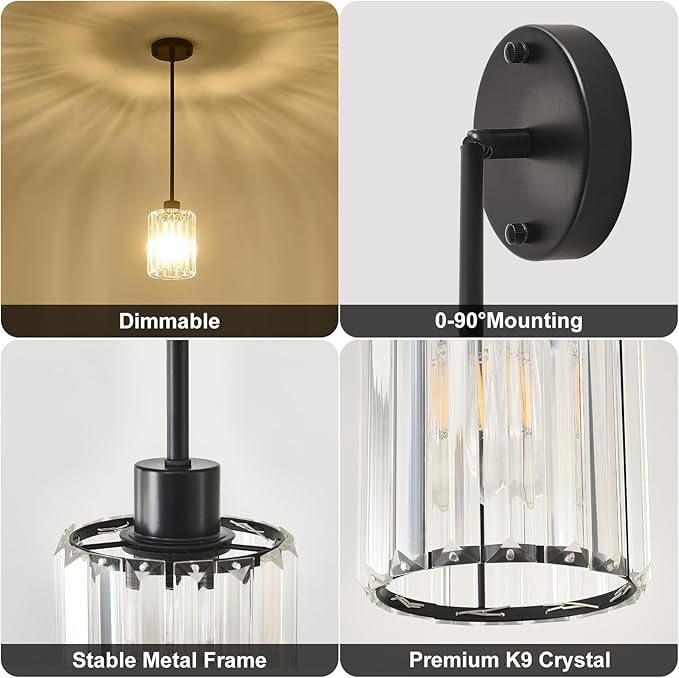 Crystal Pendant Lights for Kitchen Island, 2 Pack Modern Black Kitchen Pendant Light Fixtures, Mini Crystal Hanging Lights for Kitchen, Dining Room, Hallway, Foyer, Entryways