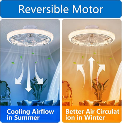 Rustic White Caged Ceiling Fan, Farmhouse Ceiling Fan with Lights Remote Control with Crystal, LED Low Profile Ceiling Light for Bedroom Kitchen Living Room