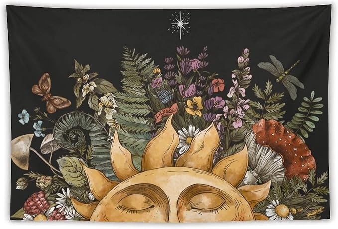 Vintage Sun Tapestry Wall Hanging,Hippie Boho Mushroom Floral Plant Tapestries for College Dorm Living Room Bedroom Decor(40"x60")