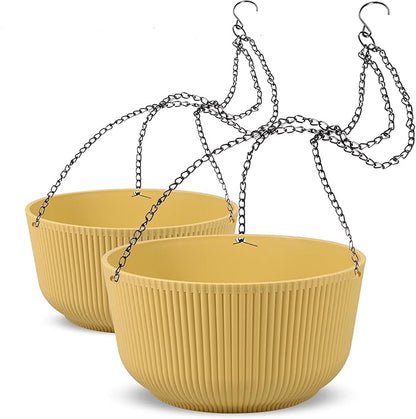 Dexceder 9.8 Inch Self Watering Hanging Planters Indoor Outdoor, Thickened Hanging Basket Flower Plant Pot (2 Pack, Yellow)