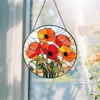 California Poppy Stained Glass Window Hanging 7.8'' – Sun Catcher Indoor Window Decor, Glass Suncatcher for Windows, Flower Hanging Ornament, for Mom Grandma Women Seniors