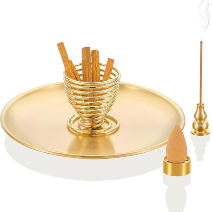 OSOPOLA 4 in 1 Incense Burner - 6.7 Inch Brass Gourd-Shaped Incense Holder for Sticks/Cones/Coils - Metal Ash Catcher for Meditation/Yoga/Home Decor ZX11
