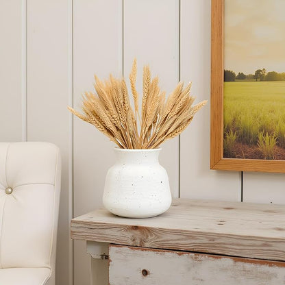 Rustic Wide Mouth Ceramic Flower Vase for Home Decor,Handmade Vintage Stoneware Clay Pottery Terracotta Textured for Modern Farmhouse, Living Room, Office Desk Table Shelf(Beige White) 6IN