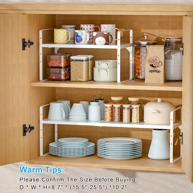 15.5 to 25.5 Inch Expandable Kitchen Cabinet Organizer Shelf, 30 LBS Heavy Duty Stackable Kitchen Counter Storage Shelves Organizers, 2 Pack Adjustable Small Storage Shelf Rack for Cabinet Cupboard
