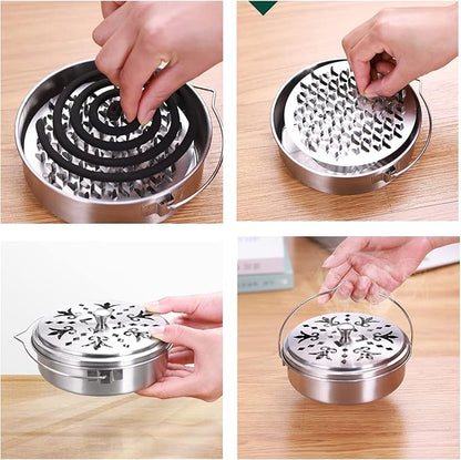 2 Portable Mosquito Coil Holder, Mosquito Incense Box Sandalwood Holder with Handle, Fireproof Incense Burner for Home Silver 2t