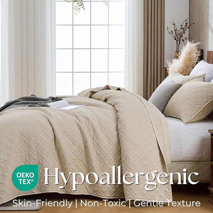 DOWN HOME Twin Quilt Set with Sham Lightweight Quilted Bedspread Coverlet Thin Comforter Bed Cover Vintage Washed Quilted Blanket for All Season, Brushed Microfiber Diamond Stitching, Beige, 66"x92"
