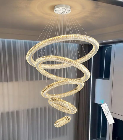 Modern Chandelier 8"+16"+24"+32"+40" 5 Rings Crystal LED Dimmable Lighting Foyer Entryway High Ceiling Living Room Chanderliers Pendant Lights Fixtures Silver Light