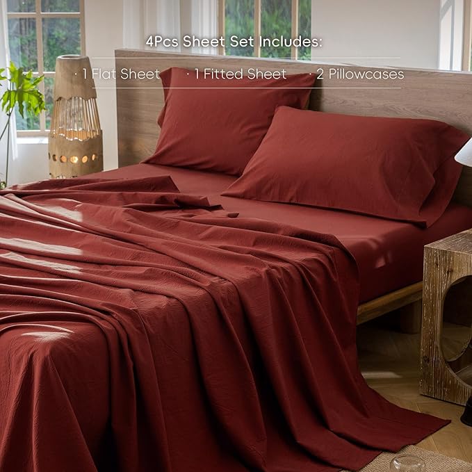 MooMee Bedding Sheet Set 100% Washed Cotton Linen Like Textured Breathable Durable Soft Comfy (Solid Fired Brick Red, King)