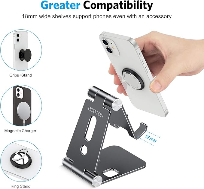 OMOTON Foldable Cell Phone Stand, C4 Portable Aluminum Phone Holder, Adjustable Phone Dock Cradle Compatible with iPhone 13/12/11 Pro Max, Samsung Galaxy, Small Tablets and Other Phones, Black