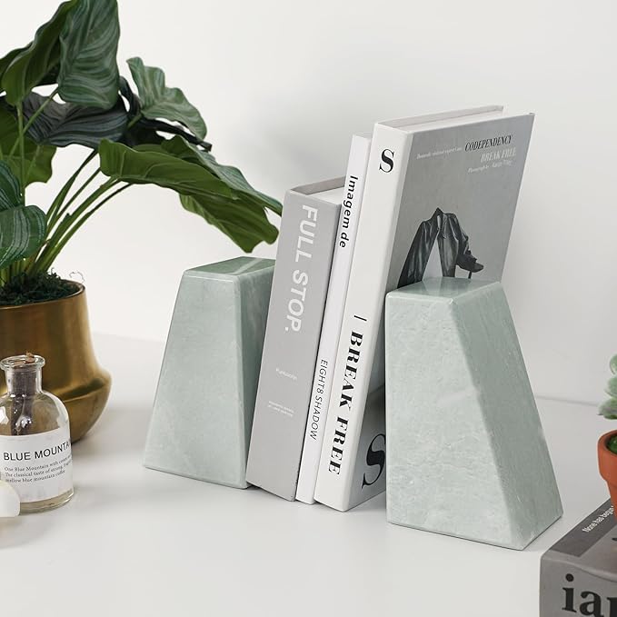 Luxury Marble Bookends for Shelves, 11LB Heavy Duty Marble Book Ends for Heavy Books, Stone Bookends Decorative, Polished, Light Green Triangular, Set of 2