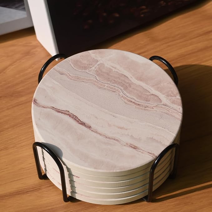 6Pcs Drink Coasters with Holder, Round Marble Style Ceramic Drink Coaster, Absorbent Coaster Set for Home Decor Tabletop Protection, Suitable for Kinds of Cups, Housewarming Gift, 4 Inches