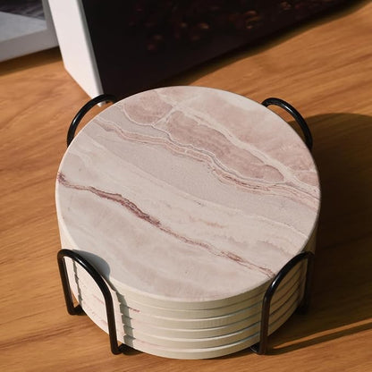 6Pcs Drink Coasters with Holder, Round Marble Style Ceramic Drink Coaster, Absorbent Coaster Set for Home Decor Tabletop Protection, Suitable for Kinds of Cups, Housewarming Gift, 4 Inches
