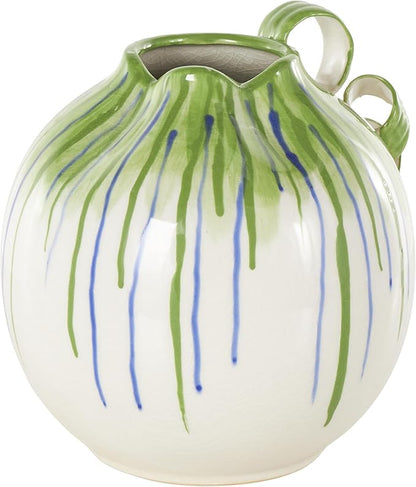 Deco 79 Ceramic Abstract Decorative Vase Centerpiece Vases with Green and Blue Drip Design and Handles, Flower Vases for Home Decoration 11" x 10" x 11", White