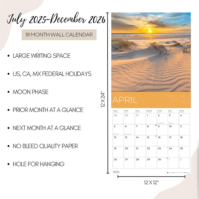 Beach Calendar 2026 | 12" x 24" Open | Giftable Paradise Calendar 2026 | Thick & Sturdy Paper for Planning | Pacific Waters Press (Beaches)