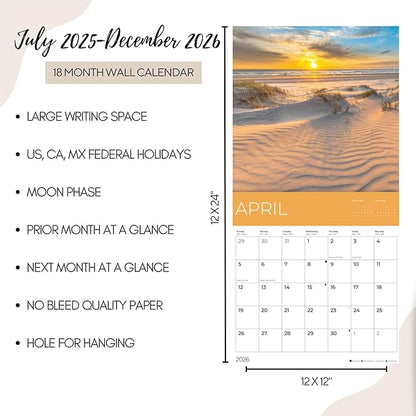 Beach Calendar 2026 | 12" x 24" Open | Giftable Paradise Calendar 2026 | Thick & Sturdy Paper for Planning | Pacific Waters Press (Beaches)