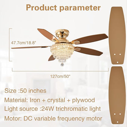 Crystal Ceiling Fan Fandelier with Lights-Ceiling Fans,50" Low Profile and Remote Control, Flush Mount, Reversible, Dimmable, Noiseless, Gold Ceiling Fan for Bedroom