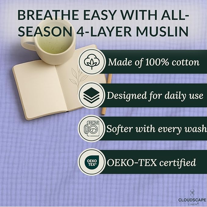 Luxury 100% Cotton Muslin Throw Blanket, 4 Layer Extra Large 50x70in, Perfect for Couch, Sofa, Home Decor, Soft Gauze Travel Blanket, Winter Cozy Throw, All Season Lavender Blue