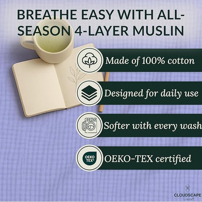 Luxury 100% Cotton Muslin Throw Blanket, 4 Layer Extra Large 50x70in, Perfect for Couch, Sofa, Home Decor, Soft Gauze Travel Blanket, Winter Cozy Throw, All Season Lavender Blue