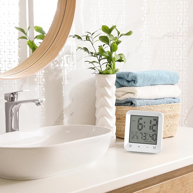 Digital Shower Clock Waterproof, Bathroom Wall Clock Timer with Touch Screen, Temperature, LCD Display, Suction Cup Hanging Hole Stand for Kids and Adults