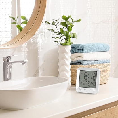 Digital Shower Clock Waterproof, Bathroom Wall Clock Timer with Touch Screen, Temperature, LCD Display, Suction Cup Hanging Hole Stand for Kids and Adults