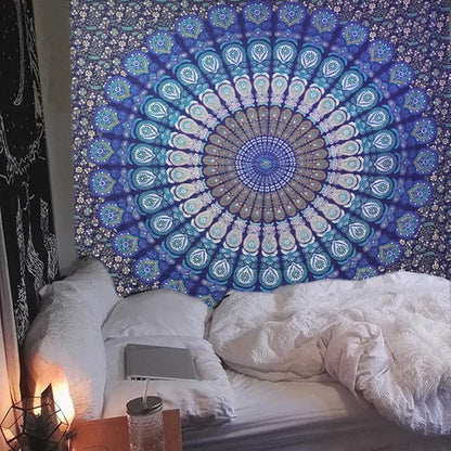 raajsee Blue Turquoise Tapestry- Best Mandala Wall Hanging- Bedding Tapestry For Bedroom Aesthetic-Size QUEEN 210 X 220 CMS