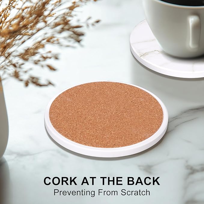White Marble Coasters Set of 6 Best Round Ceramic Absorbent Coasters with Holder Coffee Cup Coaster Modern Drink Coaster for Bar, Table, Desk