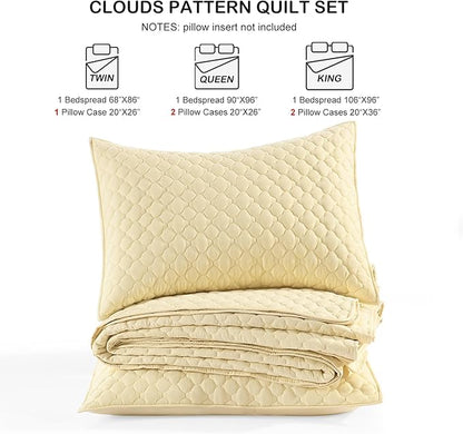 HORIMOTE HOME Quilt Queen Size Light Yellow, Lightweight Quilts for Summer Ultra-Soft Microfiber Modern Style Quilted Clouds Pattern Bedspread Quit Set 3 Pieces(1 Quilt and 2 Pillow Shams)