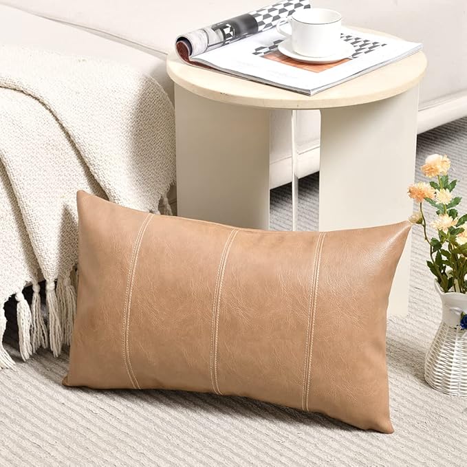 Fancy Homi 2 Packs Tan Long Lumbar Waterproof Faux Leather Decorative Throw Pillow Covers 14x24 Inch for Outdoor Couch Bed, Beige Hand Stitched Cushion Case 35x60 cm, Taupe Modern Farmhouse Home Decor