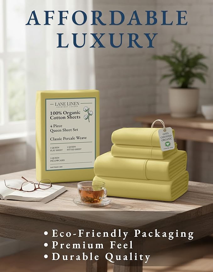 LANE LINEN Eco Friendly 100% Organic Cotton Bed Sheets Queen Size, Soft & Comfy Naturally Cooling Percale Weave, Low Pill Fade Resistanct Breathable 15" Deep Pocket Bedding- Cocoon