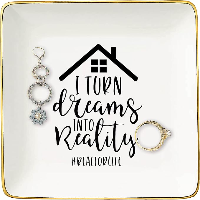 Topthink Realtor Gift - Real Estate Agent Closing Gift for Valentines Day, Birthday, Christmas - Best Broker I Turn Dreams Into Reality Ceramic Jewelry Holder Ring Dish Trinket Tray