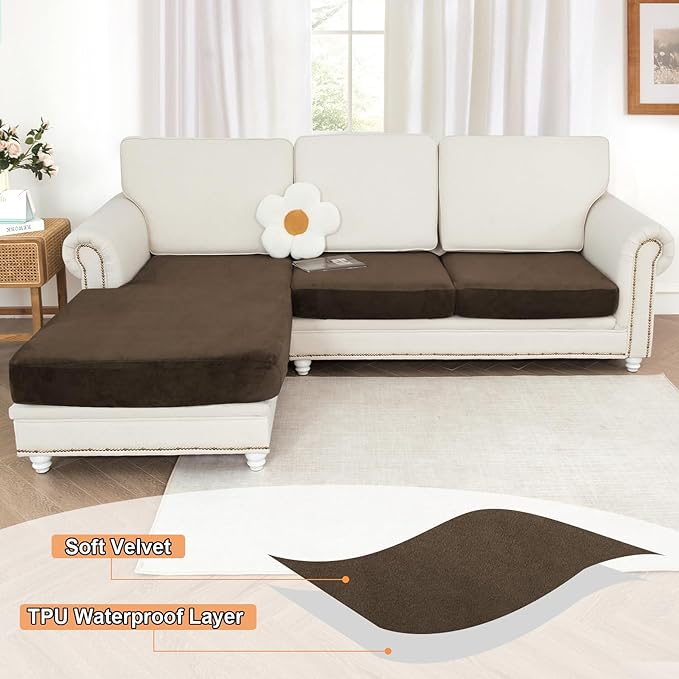 NAISI Waterproof Couch Cushion Covers Thick Velvet Fabric Washable Sofa Slipcovers Sectional Couch Covers for 3 Pieces Separate L Shape Couch Cover with Elastic Bottom(2 Seater + 1 Chaise, Caramel)