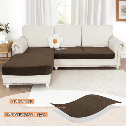 NAISI Waterproof Couch Cushion Covers Thick Velvet Fabric Washable Sofa Slipcovers Sectional Couch Covers for 3 Pieces Separate L Shape Couch Cover with Elastic Bottom(2 Seater + 1 Chaise, Caramel)