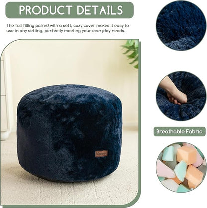 HIGOGOGO Pouf Stuffed Ottoman Round Modern Foam Filled Foot Rest Chair Decorative Poufs 26 x 18 Inches Fluffy Boho Comfy Stool for Living Room, Navy