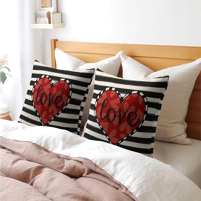 Valentines Day Pillow Covers 24x24 Set of 2 Black Red Heart Throw Pillow Covers Striped Love Pillowcase Linen Decoration Farmhouse Holiday Cozy Soft Cushion Case Couch for Indoor Outdoor Home Decor
