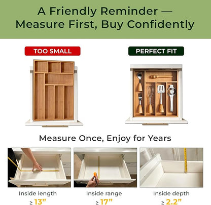 Carbonized Bamboo Kitchen Drawer Organizer, 8 Slots Silverware Organizer, Utensil Holder & Cutlery Tray, 2.2" Deep for Extra Capacity, Non-Slip Feet Included