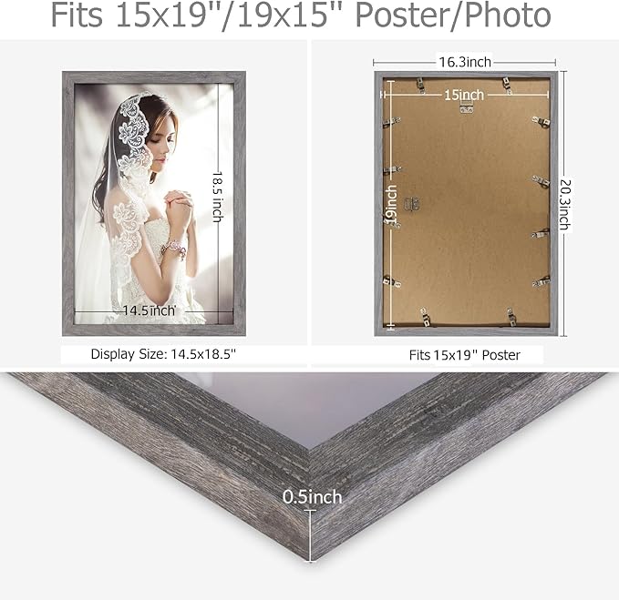 15x19 Picture Poster Frame, Rustic Gray 19 x15inch Frame, Natural 15x19 Frame, Distressed Grey Large Gallery Family Concert Photo Frame, Anniversary/Birthday/Wedding/Thank you/Christmas Gift