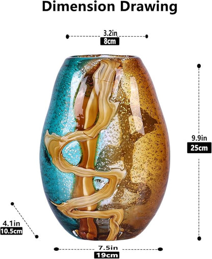 Teal Glass Vase,Hand Blown Green Flower Bulk,Murano Glass Vases,Unique Table Decor, Flowers with Decorative,Teal Vase Decor,for Bookshelf,Living Room,Office,Gift (M)