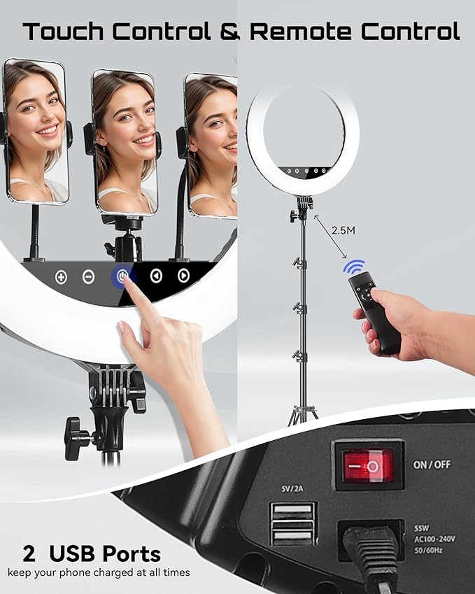 18 Inch Professional LED Ring Light with 70-inch Tripod, CRI≥95, 3000K-6000K Adjustable Brightness & Color Temperature, Phone Holder for Live Streaming, YouTube, TikTok, Makeup, Photography