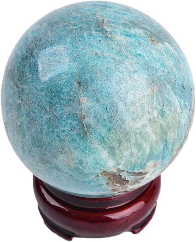 JIC Gem Natural Amazonite Crystal Sphere with Wood Stand Gemstone Sphere, Polished Healing Energy Mineral Gemstone Balls for Reiki Chakra Decoration Fengshui (2-3inch)