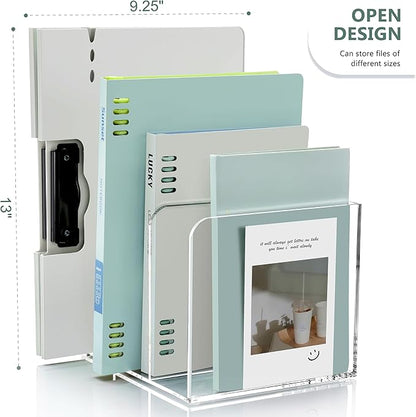 SANRUI Acrylic Magazine Holder Desk Organizer Workspace Sorters，Clear Bookend File Sorter Holder，Folder Rack, Office Accessories Organization Storage with 3 Vertical Compartments
