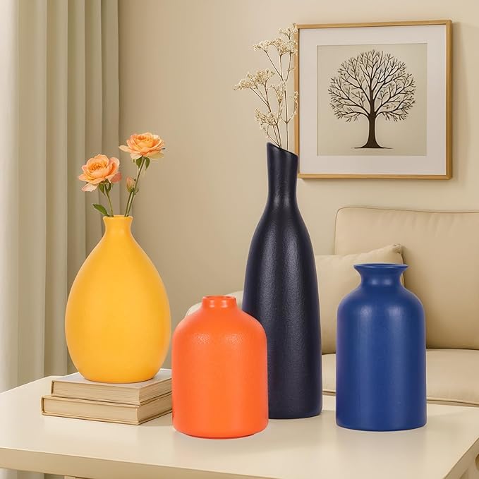 Ceramic Bud Vases Set of 4, Minimalism Style Vases for Rustic Home Decor, Black Yellow Orange Blue Vase, Multi-Color Ceramic Decorative Vases for Modern Home Decor, Floral Arrangements, Centerpieces