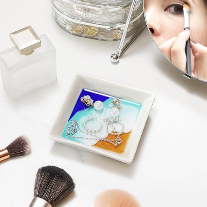 Ocean Jewelry Tray Beach Dish Ceramic Resin Trinket Dish Jewellery Plate Engagement Wedding Ring Holder Necklace Ear Ring Storage Ocean Art Gift for Women Christmas Housewarming Present